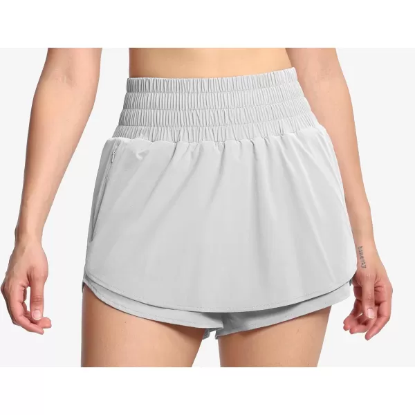 THE GYM PEOPLE Womens Athletic Shorts Elastic Waisted Quick Dry Ruffle Tennis Workout Skorts with Mesh Liner Zip PocketsBright Grey