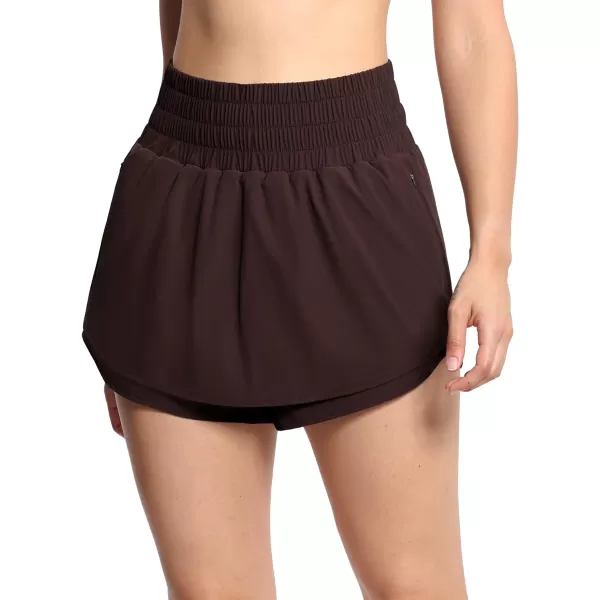 THE GYM PEOPLE Womens Athletic Shorts Elastic Waisted Quick Dry Ruffle Tennis Workout Skorts with Mesh Liner Zip PocketsBrown