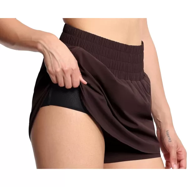 THE GYM PEOPLE Womens Athletic Shorts Elastic Waisted Quick Dry Ruffle Tennis Workout Skorts with Mesh Liner Zip PocketsBrown