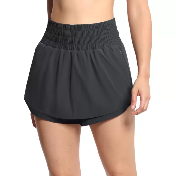 THE GYM PEOPLE Womens Athletic Shorts Elastic Waisted Quick Dry Ruffle Tennis Workout Skorts with Mesh Liner Zip PocketsDark Grey