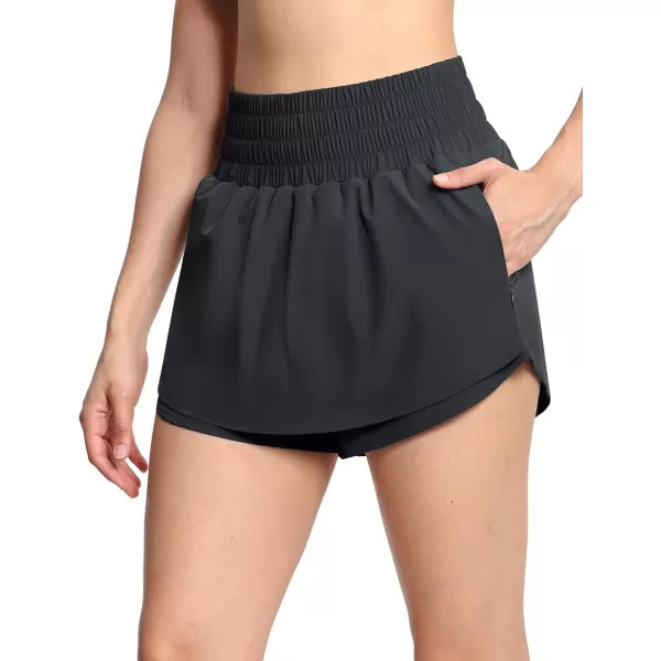 THE GYM PEOPLE Womens Athletic Shorts Elastic Waisted Quick Dry Ruffle Tennis Workout Skorts with Mesh Liner Zip PocketsDark Grey