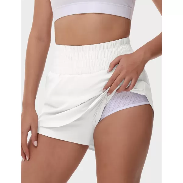 THE GYM PEOPLE Womens Athletic Shorts Elastic Waisted Quick Dry Ruffle Tennis Workout Skorts with Mesh Liner Zip PocketsWhite