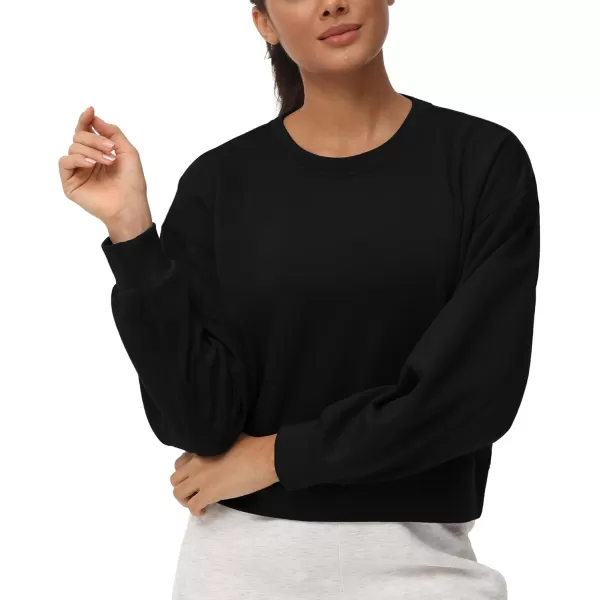 THE GYM PEOPLE Womens Crewneck Cropped Pullover Sweatshirt Cute Basic Long Sleeves Workout TopsBlack