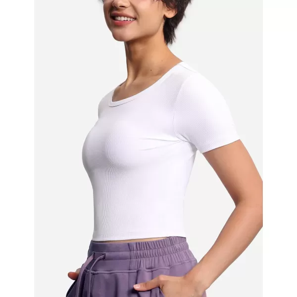 THE GYM PEOPLE Womens Cute Crop TShirts Short Sleeve Ribbed Ice Silk Slim Fit Casual Tee TopsWhite