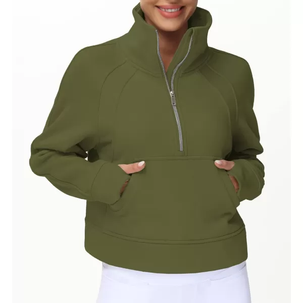 THE GYM PEOPLE Womens Half Zip Pullover Fleece Stand Collar Crop Sweatshirt with Pockets Thumb HoleArmy Green