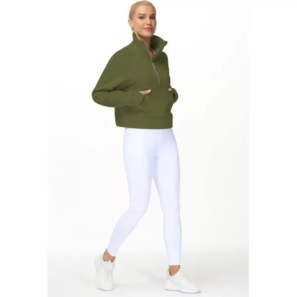 THE GYM PEOPLE Womens Half Zip Pullover Fleece Stand Collar Crop Sweatshirt with Pockets Thumb HoleArmy Green