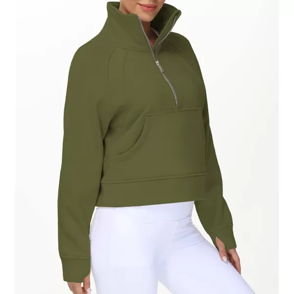 THE GYM PEOPLE Womens Half Zip Pullover Fleece Stand Collar Crop Sweatshirt with Pockets Thumb HoleArmy Green