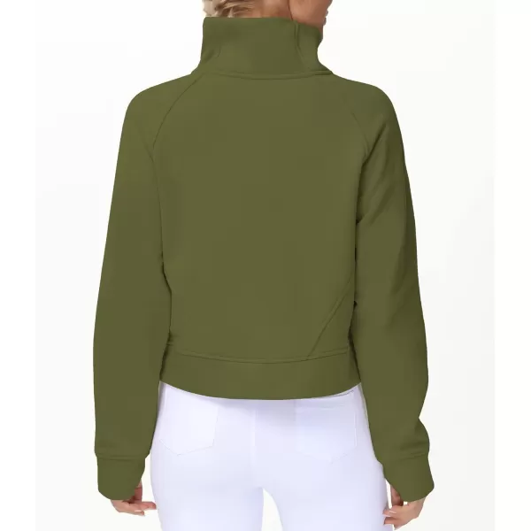 THE GYM PEOPLE Womens Half Zip Pullover Fleece Stand Collar Crop Sweatshirt with Pockets Thumb HoleArmy Green