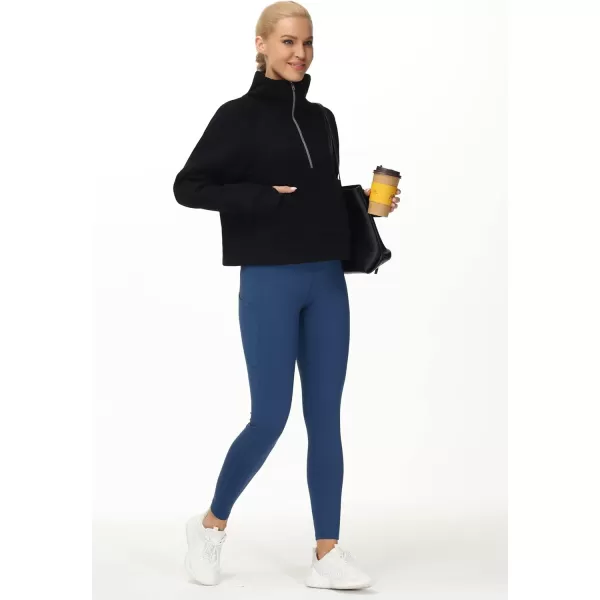 THE GYM PEOPLE Womens Half Zip Pullover Fleece Stand Collar Crop Sweatshirt with Pockets Thumb HoleBlack