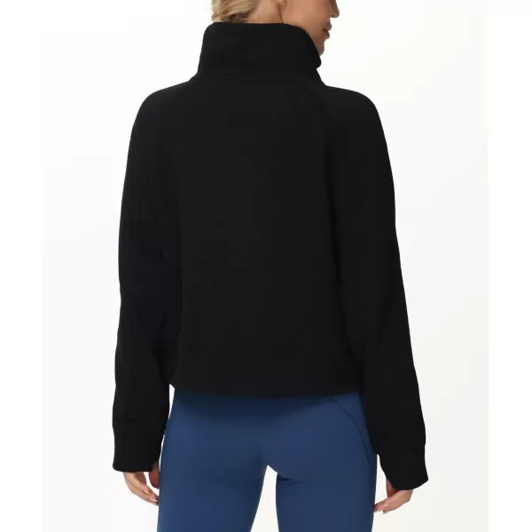 THE GYM PEOPLE Womens Half Zip Pullover Fleece Stand Collar Crop Sweatshirt with Pockets Thumb HoleBlack