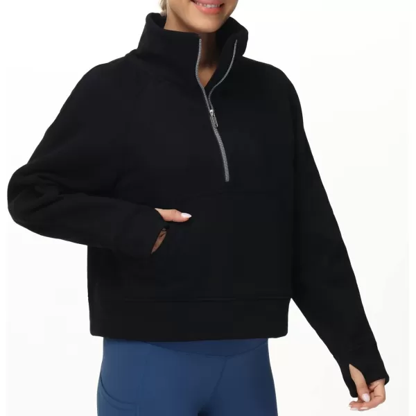 THE GYM PEOPLE Womens Half Zip Pullover Fleece Stand Collar Crop Sweatshirt with Pockets Thumb HoleBlack