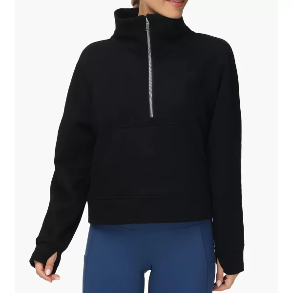 THE GYM PEOPLE Womens Half Zip Pullover Fleece Stand Collar Crop Sweatshirt with Pockets Thumb HoleBlack