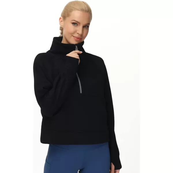 THE GYM PEOPLE Womens Half Zip Pullover Fleece Stand Collar Crop Sweatshirt with Pockets Thumb HoleBlack