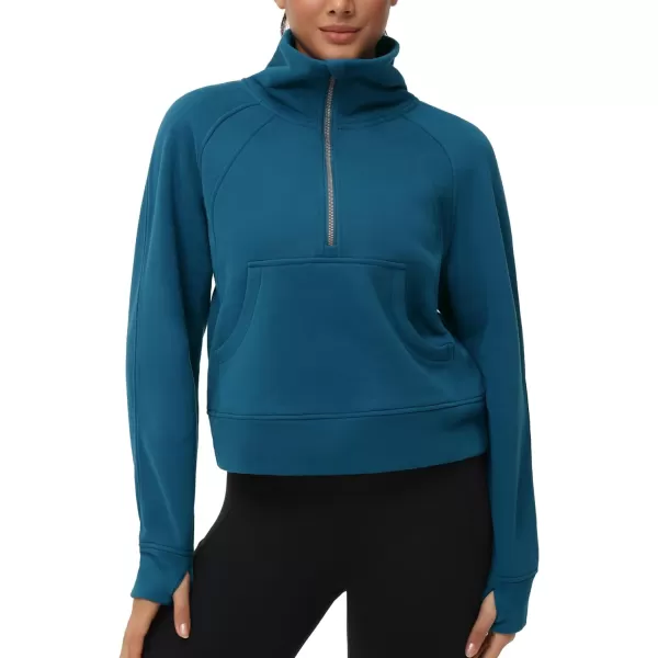 THE GYM PEOPLE Womens Half Zip Pullover Fleece Stand Collar Crop Sweatshirt with Pockets Thumb HoleDark Blue Green