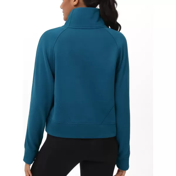 THE GYM PEOPLE Womens Half Zip Pullover Fleece Stand Collar Crop Sweatshirt with Pockets Thumb HoleDark Blue Green