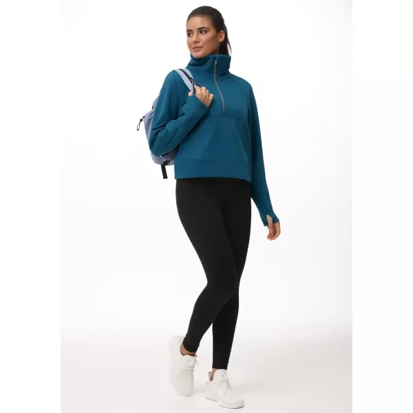 THE GYM PEOPLE Womens Half Zip Pullover Fleece Stand Collar Crop Sweatshirt with Pockets Thumb HoleDark Blue Green