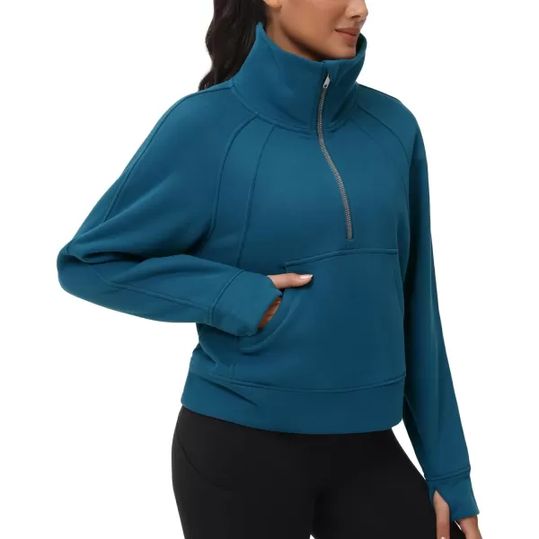 THE GYM PEOPLE Womens Half Zip Pullover Fleece Stand Collar Crop Sweatshirt with Pockets Thumb HoleDark Blue Green