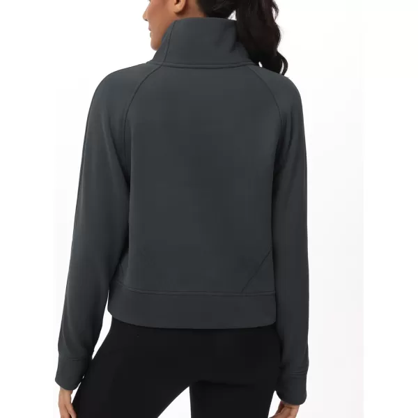 THE GYM PEOPLE Womens Half Zip Pullover Fleece Stand Collar Crop Sweatshirt with Pockets Thumb HoleDark Grey