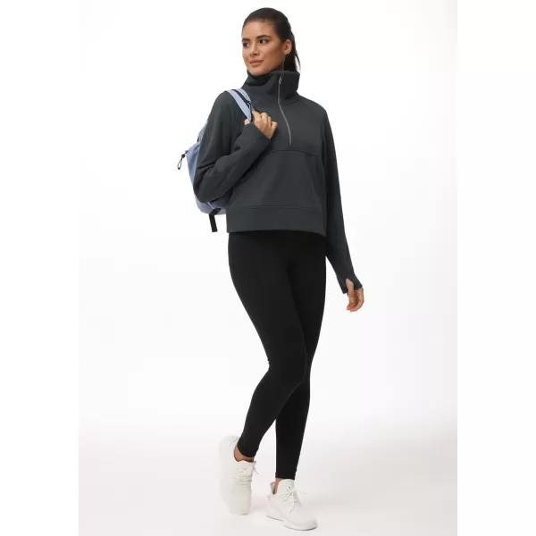 THE GYM PEOPLE Womens Half Zip Pullover Fleece Stand Collar Crop Sweatshirt with Pockets Thumb HoleDark Grey