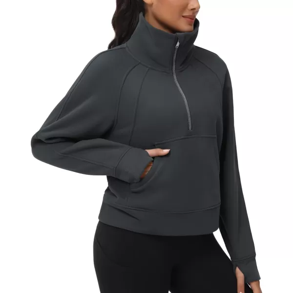 THE GYM PEOPLE Womens Half Zip Pullover Fleece Stand Collar Crop Sweatshirt with Pockets Thumb HoleDark Grey