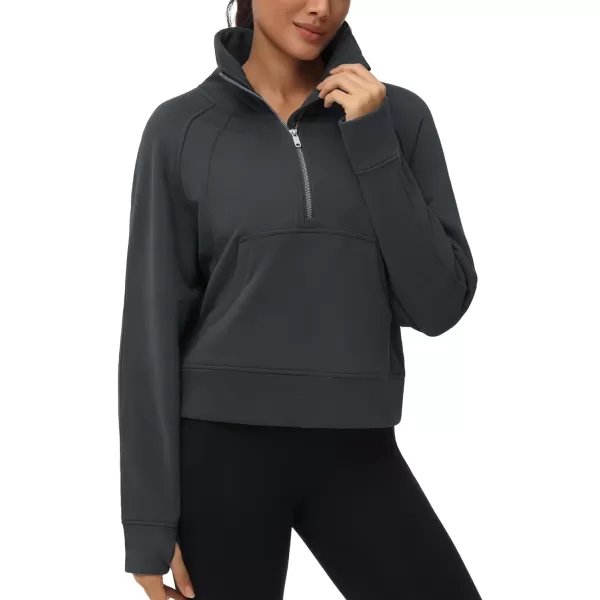 THE GYM PEOPLE Womens Half Zip Pullover Fleece Stand Collar Crop Sweatshirt with Pockets Thumb HoleDark Grey