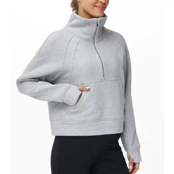 THE GYM PEOPLE Womens Half Zip Pullover Fleece Stand Collar Crop Sweatshirt with Pockets Thumb HoleGrey