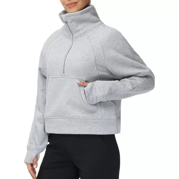 THE GYM PEOPLE Womens Half Zip Pullover Fleece Stand Collar Crop Sweatshirt with Pockets Thumb HoleGrey