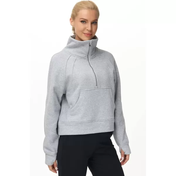 THE GYM PEOPLE Womens Half Zip Pullover Fleece Stand Collar Crop Sweatshirt with Pockets Thumb HoleGrey
