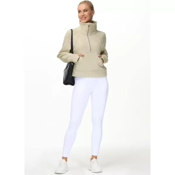 THE GYM PEOPLE Womens Half Zip Pullover Fleece Stand Collar Crop Sweatshirt with Pockets Thumb HoleKhaki