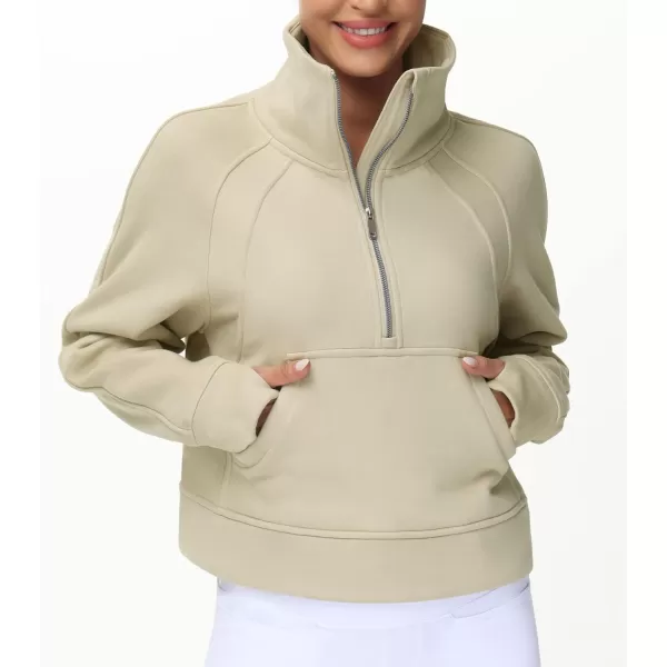 THE GYM PEOPLE Womens Half Zip Pullover Fleece Stand Collar Crop Sweatshirt with Pockets Thumb HoleKhaki