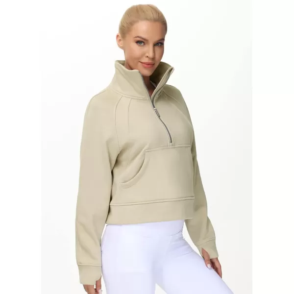 THE GYM PEOPLE Womens Half Zip Pullover Fleece Stand Collar Crop Sweatshirt with Pockets Thumb HoleKhaki
