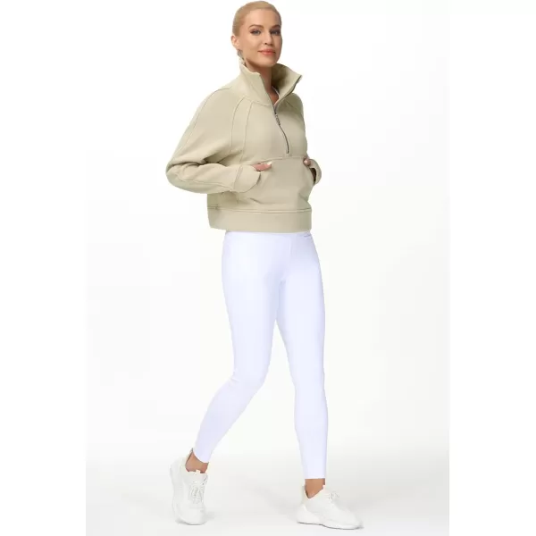 THE GYM PEOPLE Womens Half Zip Pullover Fleece Stand Collar Crop Sweatshirt with Pockets Thumb HoleKhaki