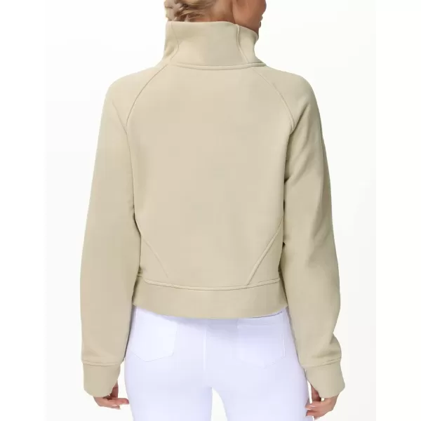 THE GYM PEOPLE Womens Half Zip Pullover Fleece Stand Collar Crop Sweatshirt with Pockets Thumb HoleKhaki