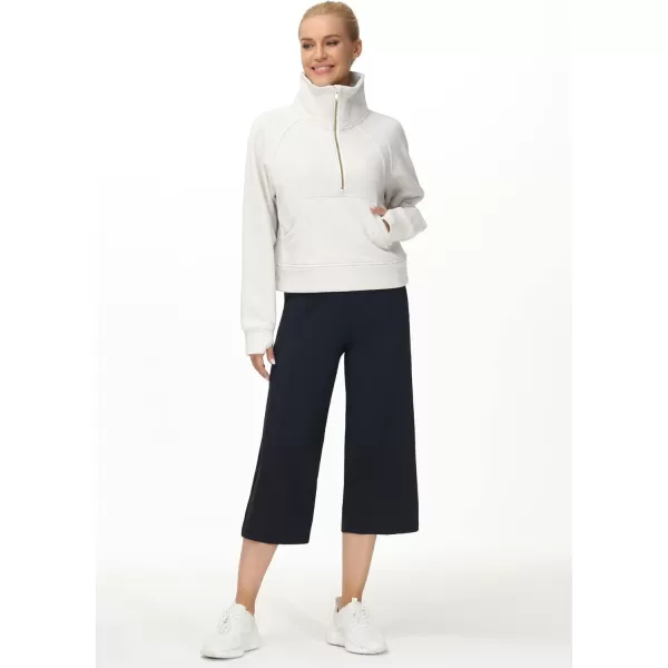 THE GYM PEOPLE Womens Half Zip Pullover Fleece Stand Collar Crop Sweatshirt with Pockets Thumb HoleOffwhite
