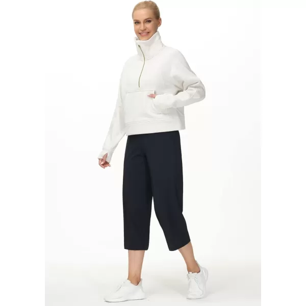 THE GYM PEOPLE Womens Half Zip Pullover Fleece Stand Collar Crop Sweatshirt with Pockets Thumb HoleOffwhite