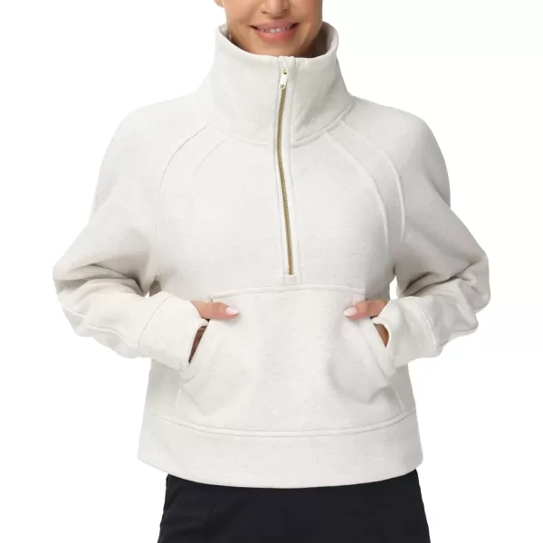 THE GYM PEOPLE Womens Half Zip Pullover Fleece Stand Collar Crop Sweatshirt with Pockets Thumb HoleOffwhite