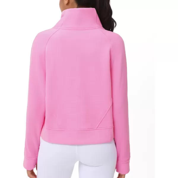 THE GYM PEOPLE Womens Half Zip Pullover Fleece Stand Collar Crop Sweatshirt with Pockets Thumb HolePink