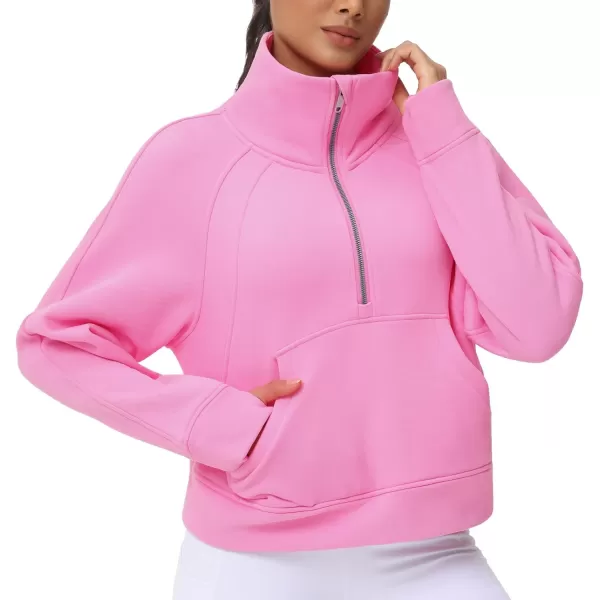 THE GYM PEOPLE Womens Half Zip Pullover Fleece Stand Collar Crop Sweatshirt with Pockets Thumb HolePink
