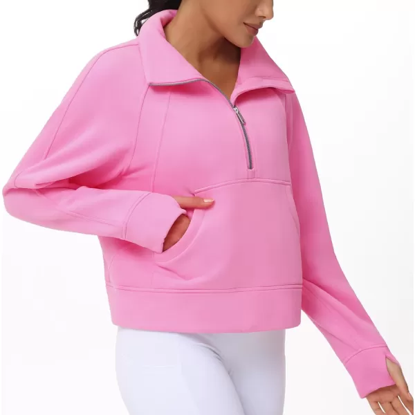 THE GYM PEOPLE Womens Half Zip Pullover Fleece Stand Collar Crop Sweatshirt with Pockets Thumb HolePink
