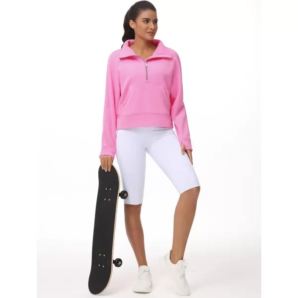 THE GYM PEOPLE Womens Half Zip Pullover Fleece Stand Collar Crop Sweatshirt with Pockets Thumb HolePink