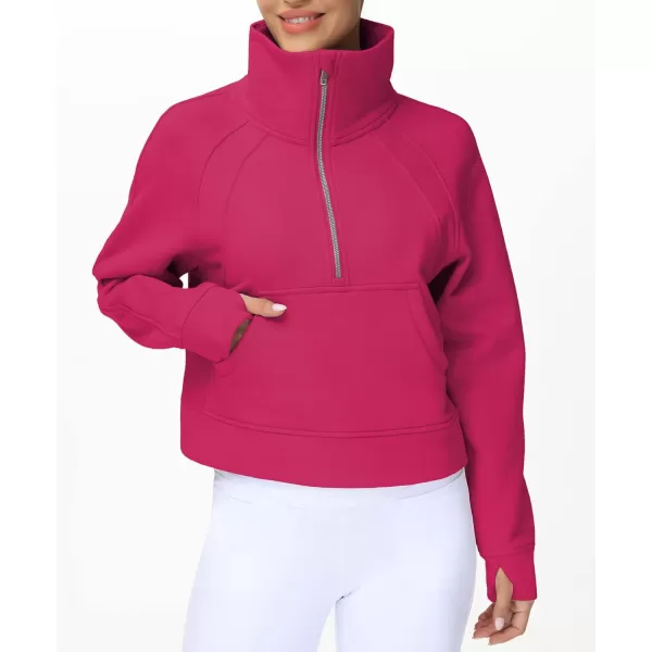THE GYM PEOPLE Womens Half Zip Pullover Fleece Stand Collar Crop Sweatshirt with Pockets Thumb HolePitaya Red