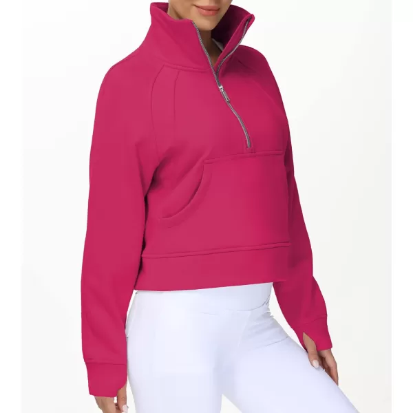 THE GYM PEOPLE Womens Half Zip Pullover Fleece Stand Collar Crop Sweatshirt with Pockets Thumb HolePitaya Red