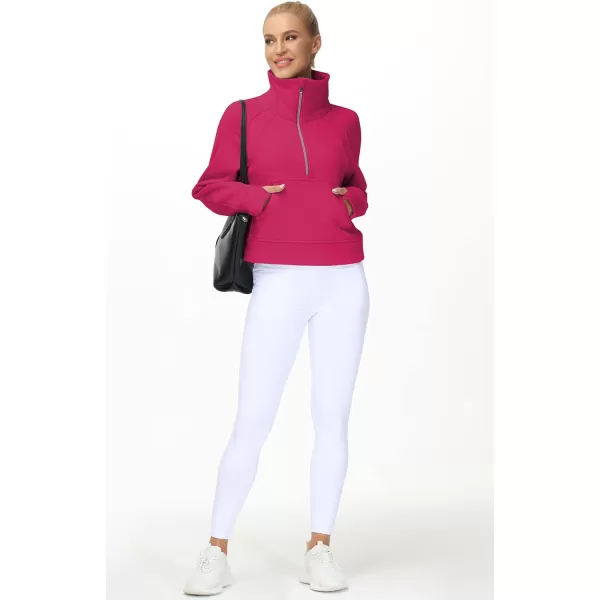 THE GYM PEOPLE Womens Half Zip Pullover Fleece Stand Collar Crop Sweatshirt with Pockets Thumb HolePitaya Red