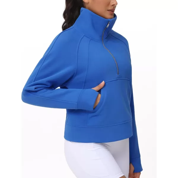 THE GYM PEOPLE Womens Half Zip Pullover Fleece Stand Collar Crop Sweatshirt with Pockets Thumb HoleSea Blue