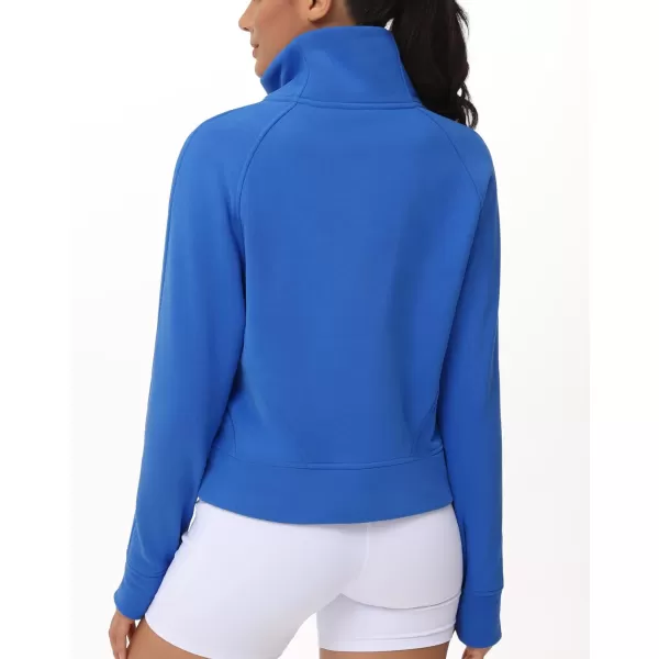 THE GYM PEOPLE Womens Half Zip Pullover Fleece Stand Collar Crop Sweatshirt with Pockets Thumb HoleSea Blue