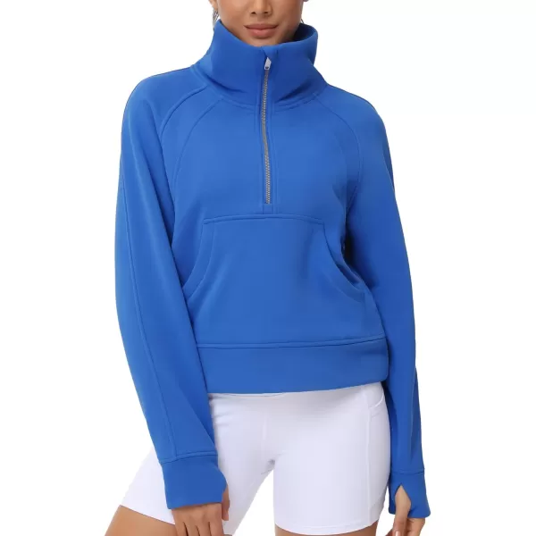 THE GYM PEOPLE Womens Half Zip Pullover Fleece Stand Collar Crop Sweatshirt with Pockets Thumb HoleSea Blue