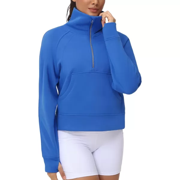 THE GYM PEOPLE Womens Half Zip Pullover Fleece Stand Collar Crop Sweatshirt with Pockets Thumb HoleSea Blue