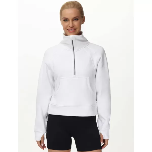 THE GYM PEOPLE Womens Half Zip Pullover Fleece Stand Collar Crop Sweatshirt with Pockets Thumb HoleWhite