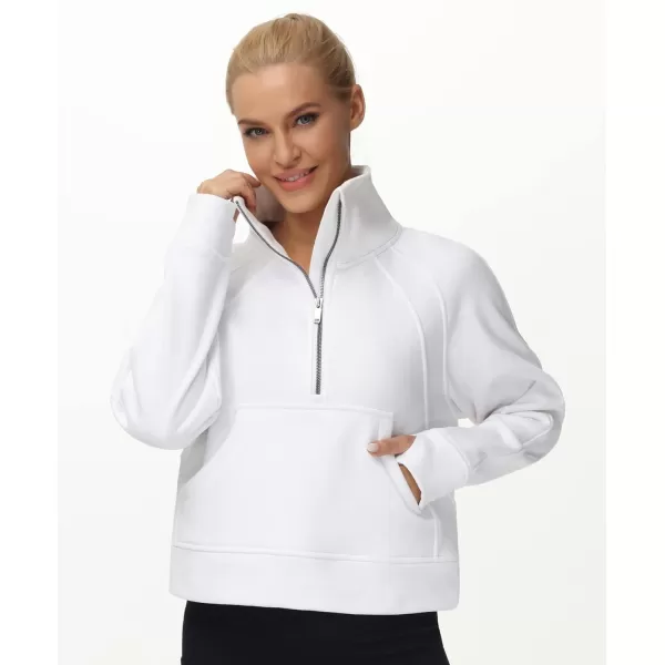 THE GYM PEOPLE Womens Half Zip Pullover Fleece Stand Collar Crop Sweatshirt with Pockets Thumb HoleWhite