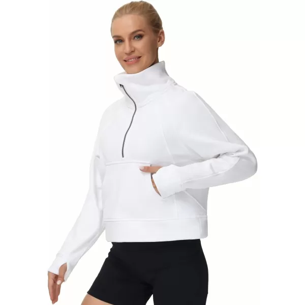 THE GYM PEOPLE Womens Half Zip Pullover Fleece Stand Collar Crop Sweatshirt with Pockets Thumb HoleWhite
